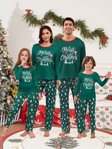 2 piezas Pijamas a juego para la familia en Navidad, diseño divertido de Papá Noel, muñeco de nieve y pingüino, cuello redondo, manga larga y pantalón largo, suave y cómodo, para fiestas navideñas, otoño/invierno - Verde - Ver 3