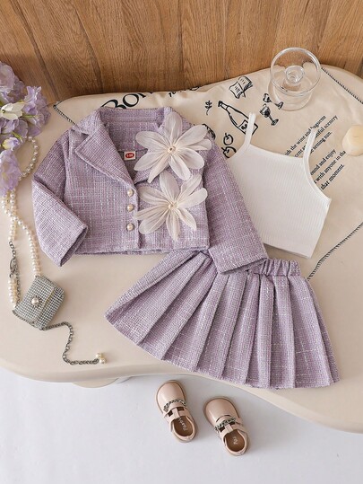 3pcs Baby Girls' Fashion Casual Set: Floral Pearl Button Lapel Jacket + Pleated Skirt + Solid Color Camisole