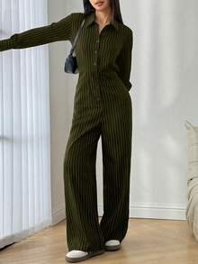 Striped Front Button Pocket Casual Jumpsuit For Women - Army Green - View 3