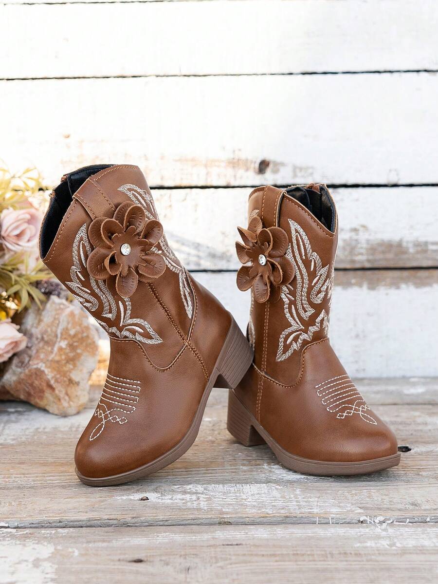 女童复古西部风格刺绣牛仔靴 - 棕色 - 查看 1