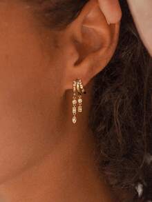 rundraw 女士垂坠耳环，优雅金色长款耳环，防过敏吊坠耳环，小巧三环耳环，时尚首饰 - 金色 - 查看 2