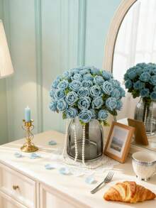 80 piezas/set Flores artificiales - Ramos de rosas, rosas de seda, plantas falsas, decoración para el hogar, comedor, sala de estar, jardín exterior, el arte de insertar flores, accesorios de fotografía, jarrón, pared de flores, corona de flores, ramo de novia, decoración de boda, materiales DIY para corona de flores, materiales de decoración para fiesta de cumpleaños, accesorios de decoración del hogar - Azul - Ver 5