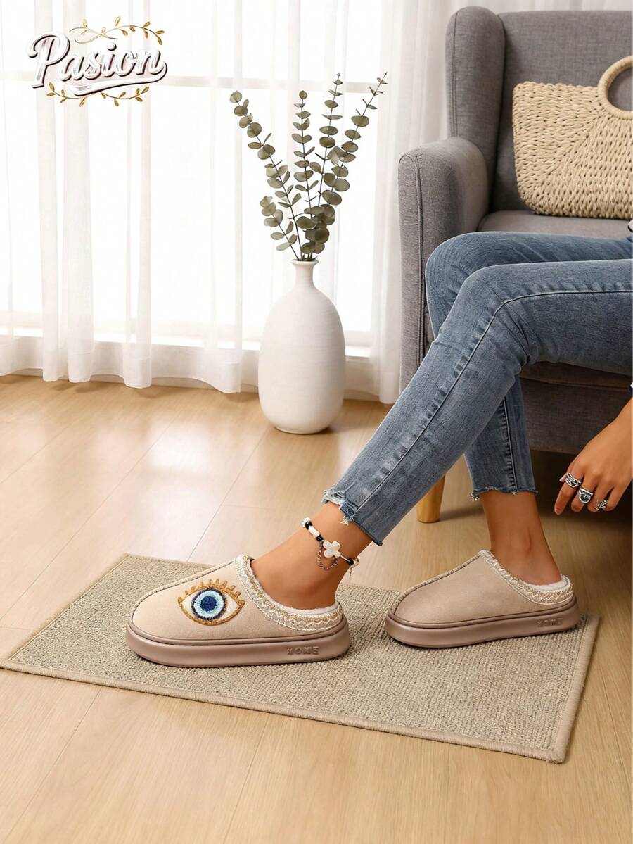 Women's Comfortable Plush Thick-Sole Slippers With Demon Eye Embroidery Pattern, Soft Beige Fabric Lining, Super Lightweight Thick EVA Sole, Warm And Comfortable For Indoor Casual Wear, Retro Style, Suitable For All Seasons, Elegant Stitching Design, EVA Sole Slippers