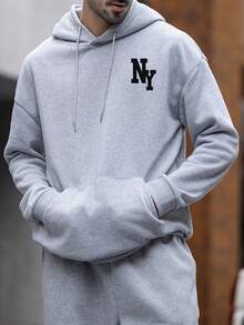 男士 NY Element 印花保暖连帽衫，街头风，秋冬季长袖上衣 - 灰色 - 查看 2