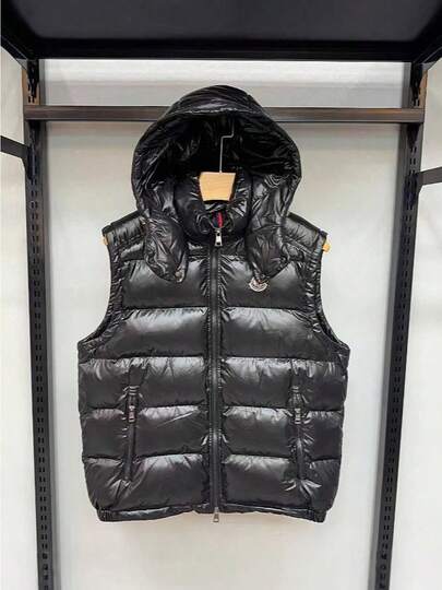Men's Down Cotton Vest Hooded Sleeveless Gilet Thickened Warm Stand Collar Shiny Outerwear
