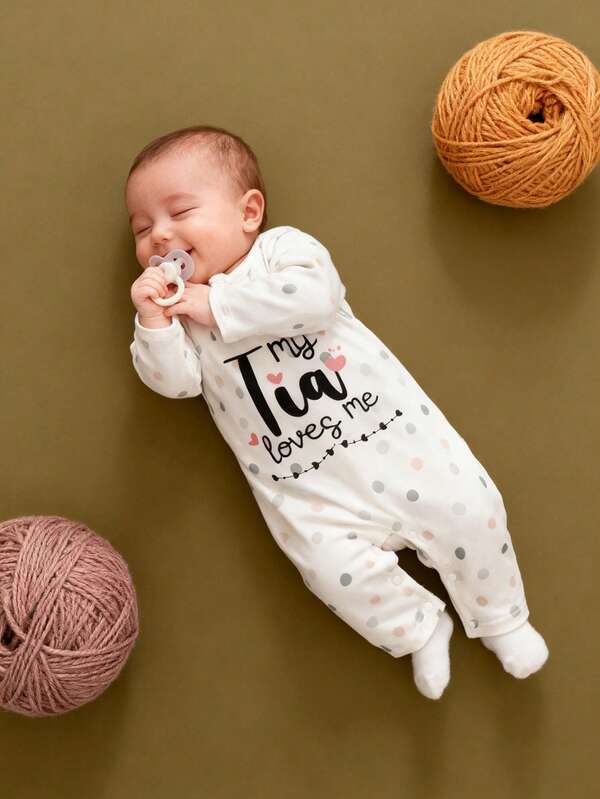Dot & Letter Print Long Sleeve Baby Romper, Autumn