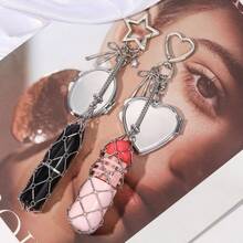 Metal Lipstick Holder Bag Charm With Replaceable& Net Pocket, Heart & Star Decor Lipstick Case Keychain With Mini Mirror, Fashionable Hanging Decoration For Lip Balm & Cosmetics, Stylish Bag Pendant For Handbags & Purses, Portable Makeup Accessory For Women, Girls, Beauty Lovers & Gift-Giving