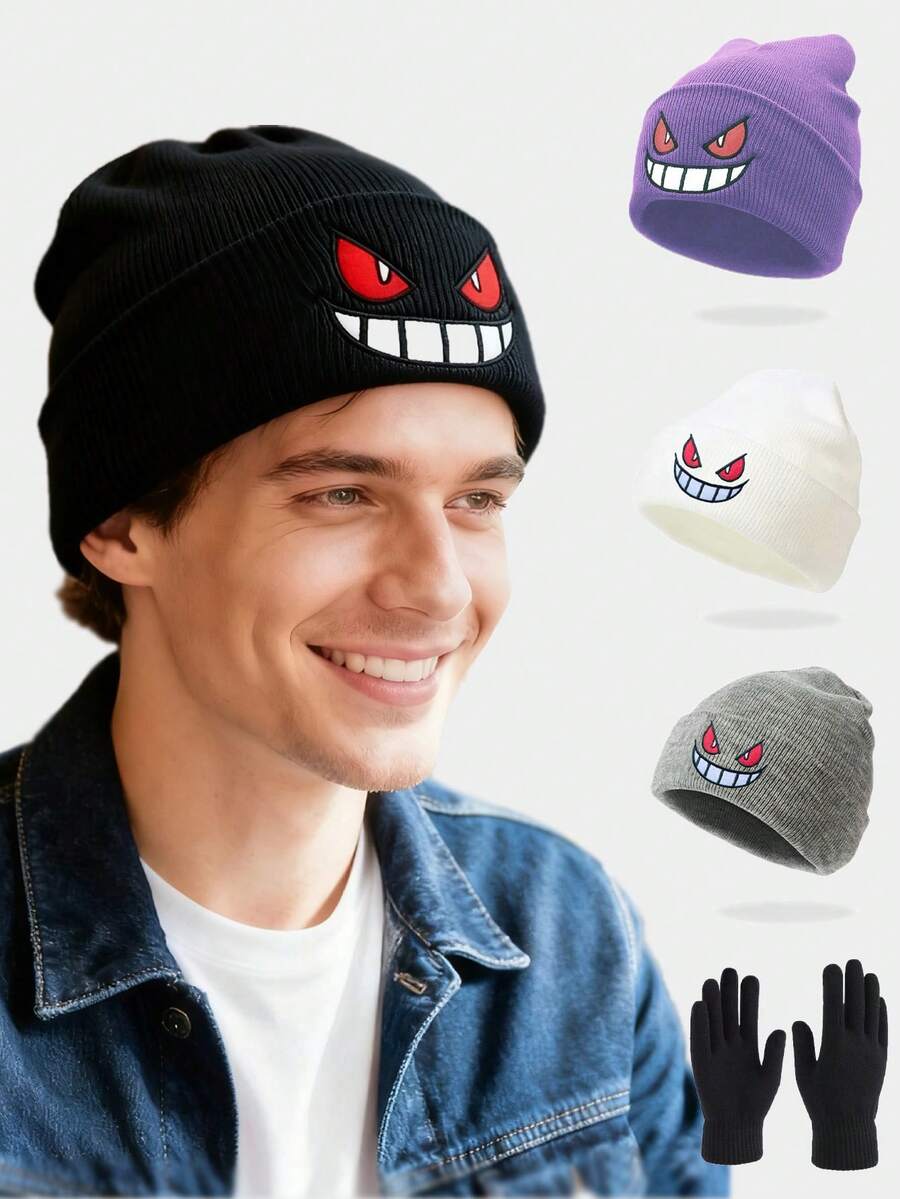 男女通用笑脸刺绣图案针织帽，保暖帽，休闲街头风，秋冬季配饰，多种颜色可选，嘻哈风头饰，适合秋冬季户外活动、旅行、滑雪、运动、角色扮演、万圣节和圣诞节等节日送礼。 - 多色2 - 查看 1