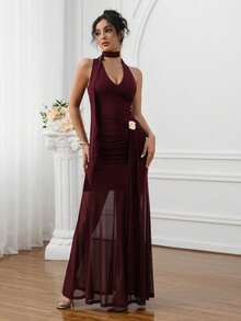 HOMEYEE 女士优雅V领网纱露背系带连衣裙，纯色修身正式礼服，适合度假、通勤、聚会、派对、正式晚宴、鸡尾酒会、约会、婚礼派对等场合。 - 酒紅色 - 查看 2