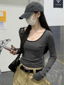 女士休闲条纹斜肩长袖修身打底T恤，春秋季 - 灰色 - 查看 2