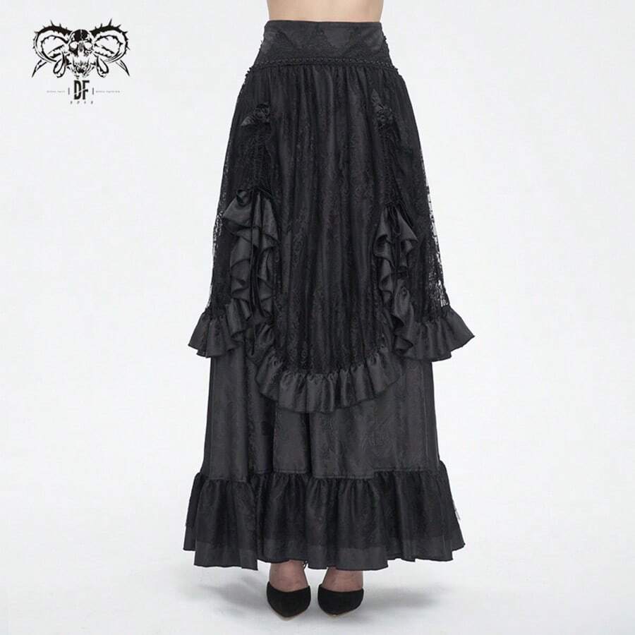 Devil fashion 1pc Gothic Style Ruffled Maxi Skirt, Ceremonial Dark Aesthetic Outfit, Autumn/Winter - Black - View 1