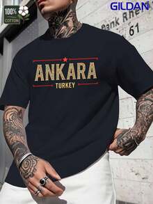 Camiseta GILDAN para hombre con estampado Ankara Turco llamativo - con patrón Ankara rojo y dorado, tejido ligero y transpirable, corte regular, camiseta casual de verano para viajes, eventos culturales y uso diario, ropa de viaje, estampado vibrante, top de manga corta - Negro - Ver 2