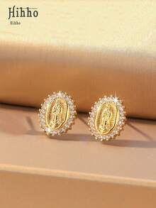 Hihho 1 Par de Brincos Vintage com Zircônias Cúbicas Brilhantes da Virgem Maria, em Tom Dourado, Ideais para Noivado/Casamento, Presentes para Festas e Natal.