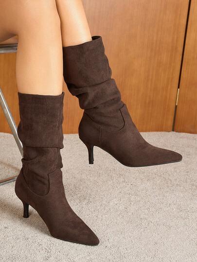 Fall/Winter New Women's Fashion Versatile Travel Solid Color Lightweight Durable Leather Western Boots, Wrinkled Comfortable Mid-Calf Boots For Any Occasion,Kitten Heels