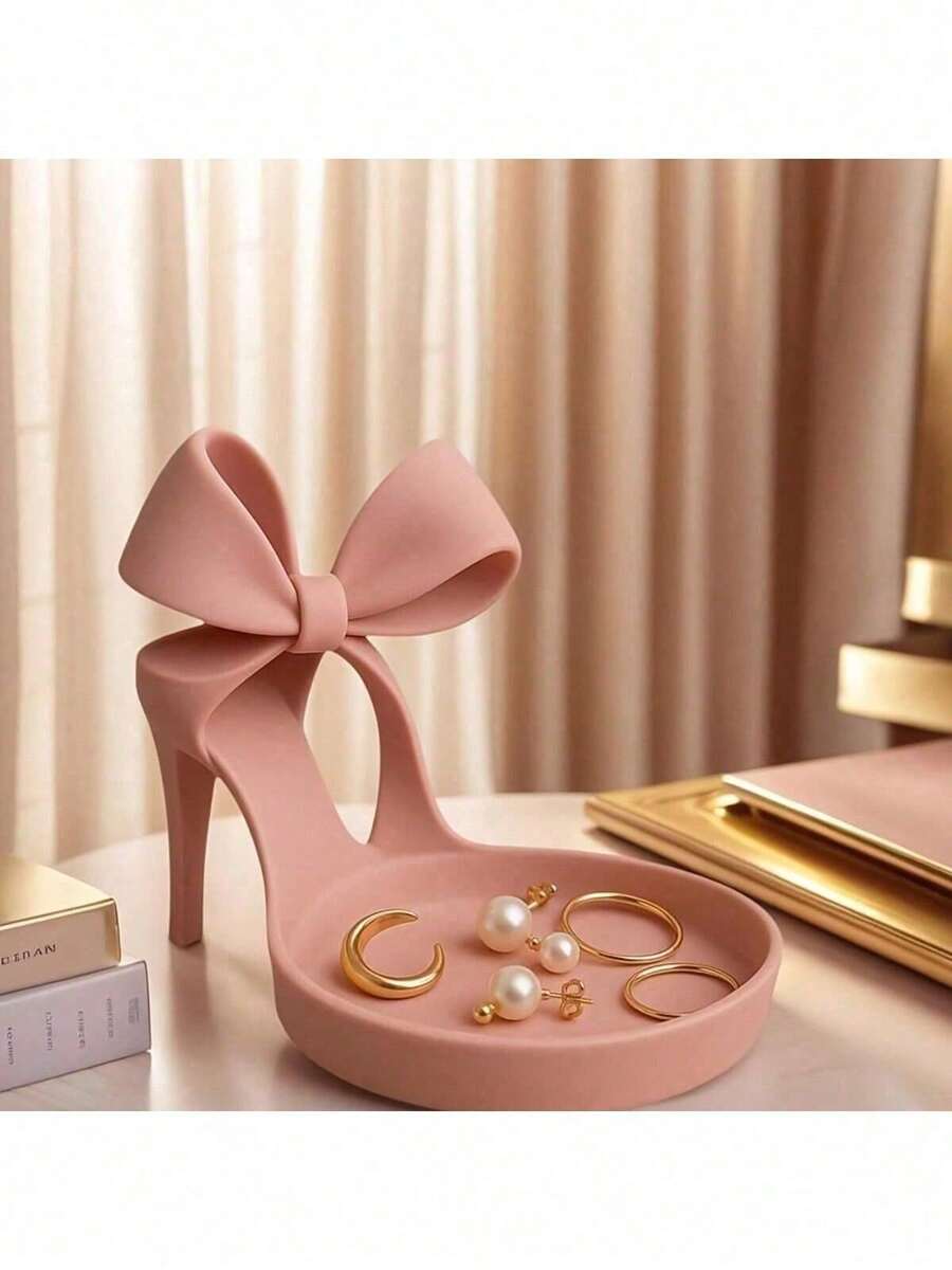 1 pieza Soporte para joyas con tacón alto impreso en 3D - Bandeja de joyas con forma de zapato elegante con decoración de lazo, de doble función como soporte de anillos y almacenamiento, accesorio de escritorio con lazo rosa, adecuado para tocador, armario, escritorio - Material de plástico duradero, para mujeres (compatible con bandejas de joyas) - Multicolor - Ver 1