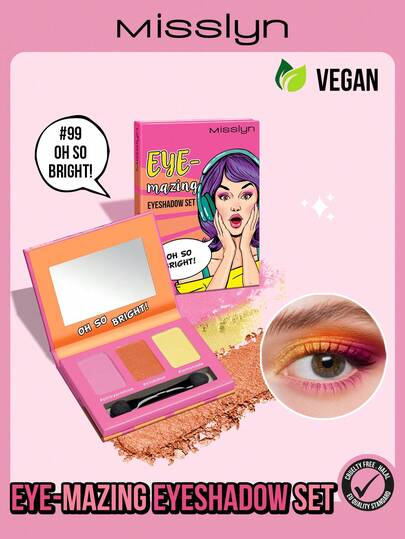  MISSLYN 三色眼影盘，配有镜子和眼影刷，哑光、珠光和闪片三种质地，柔滑配方，适合敏感肌肤。彩妆品牌，适合女性和女孩的脸部彩绘，冬季必备，Y2K风格，时尚百搭，生日礼物、情人节礼物、派对必备、新年礼物，色彩搭配和谐，无动物实验，纯素配方。