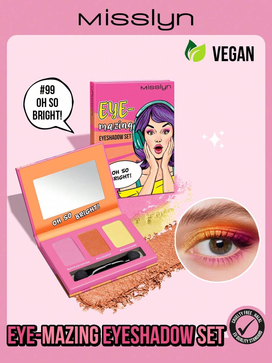 MISSLYN 三色眼影盘，配有镜子和眼影刷，哑光、珠光和闪片三种质地，柔滑配方，适合敏感肌肤。彩妆品牌，适合女性和女孩的脸部彩绘，冬季必备，Y2K风格，时尚百搭，生日礼物、情人节礼物、派对必备、新年礼物，色彩搭配和谐，无动物实验，纯素配方。