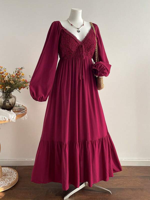 Rusttydustty Vestido bohemio de mujer con cuello en V, parches de encaje y cintura con lazo, color borgoña, elegante y romántico para fiestas y vacaciones