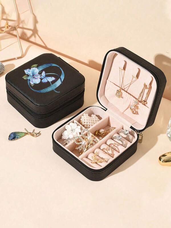 Caixa de joias portátil em PU com design de borboleta e letras (1 unidade), organizador de joias para viagens de verão, mini estojo para brincos, colares e anéis, ideal para exibir e armazenar joias, com grande capacidade. Perfeita para o Dia das Mães, Natal, Halloween e outras ocasiões especiais. Organizadora de joias feminina, item essencial para viagens e para levar na volta às aulas ou para o dormitório.