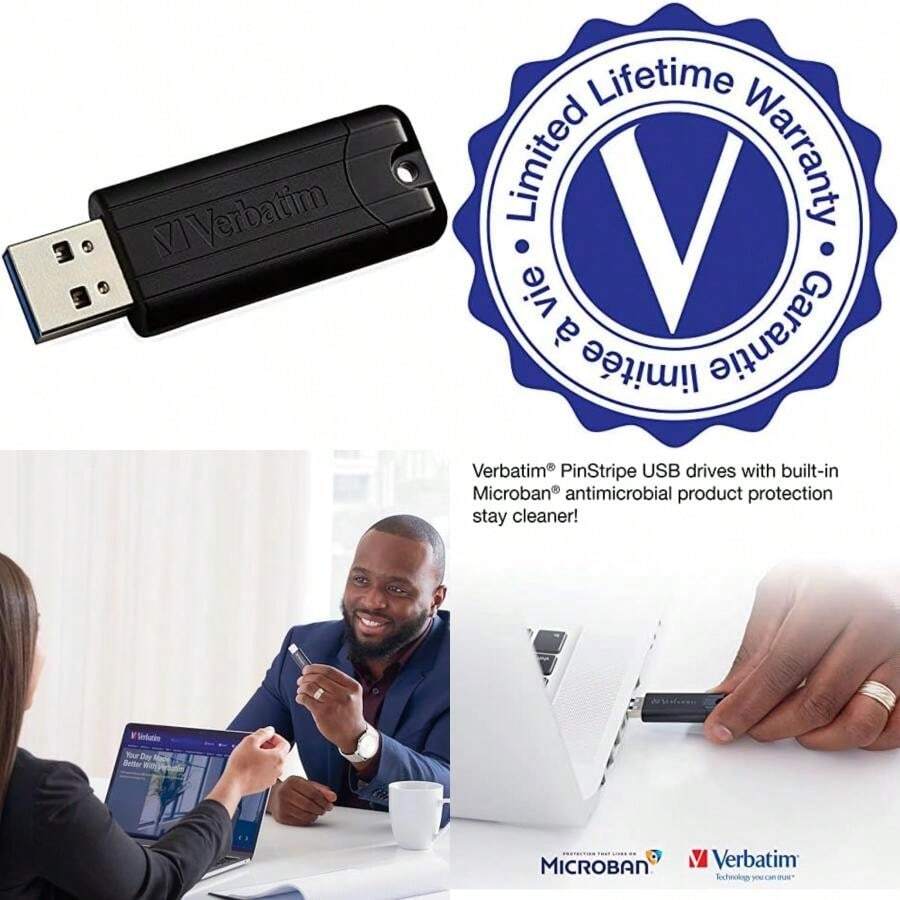 Verbatim - Unidad Flash retráctil de 32 GB Pinstripe USB 3.2 Gen 1, 10 Unidades, Color Negro(128 GB paquete de 1) - Tipo 1 - Ver 1