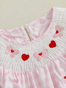 Toddler Girl Valentines Day Smocked Dress Heart Bow Embroidery Plaid Long Sleeve Crew Neck Princess Dress Kids Spring Outfit - 粉色 - 查看 8