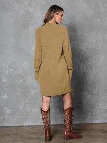 2026 Women's Casual Knit Dress Sweater Dresses For Women  Fall Fashion Mock Neck Long Lantern Sleeve Oversized Outfits Knit Tops Clothes ​ , Bodycon Long Sleeve ​ For Sports Outdoor Wear, Loose Fit Long Sleeve Comfy Daily Outfits For Women - 深杏色 - 查看 5