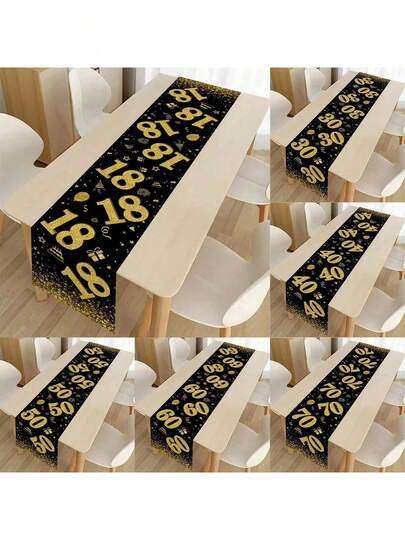 1条装 18-70岁生日桌旗 黑色金色 70.87英寸长 生日快乐桌旗 男女通用 庆祝周年纪念派对装饰 防滑餐桌布装饰