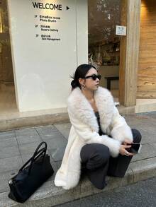 Women's Elegant Knee-Length Faux Fur Coat, Waterfall Collar, Long Warm Outerwear For Autumn/Winter - White - View 5