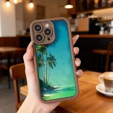 Cubierta de teléfono con borde negro y diseño tropical azul con palmeras y playa para uso diario en cafeterías y viajes Aplicable a los teléfonos de la serie Apple y Galaxy - Café integral - Ver 7