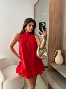 Sleeveless Short Chiffon Dress With High Neck, Ruffled Hem, And Lining - Elegant, Luxurious Party Dress - Red - View 4