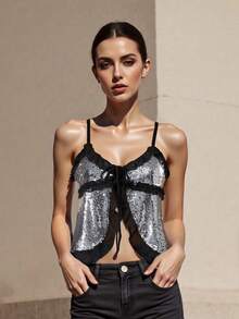 Women's Summer Sequin Front Tie Ruffled Trim Tank Tops  Soft Cami For Party  Date - Black - View 2