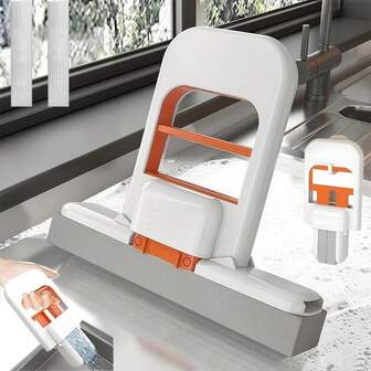 畅销迷你折叠桌面拖把，便携式自拧短拖把，干湿两用清洁系统，单手挤压手柄和可更换拖把头，适用于厨房台面、玻璃、浴室等，厨房清洁工具