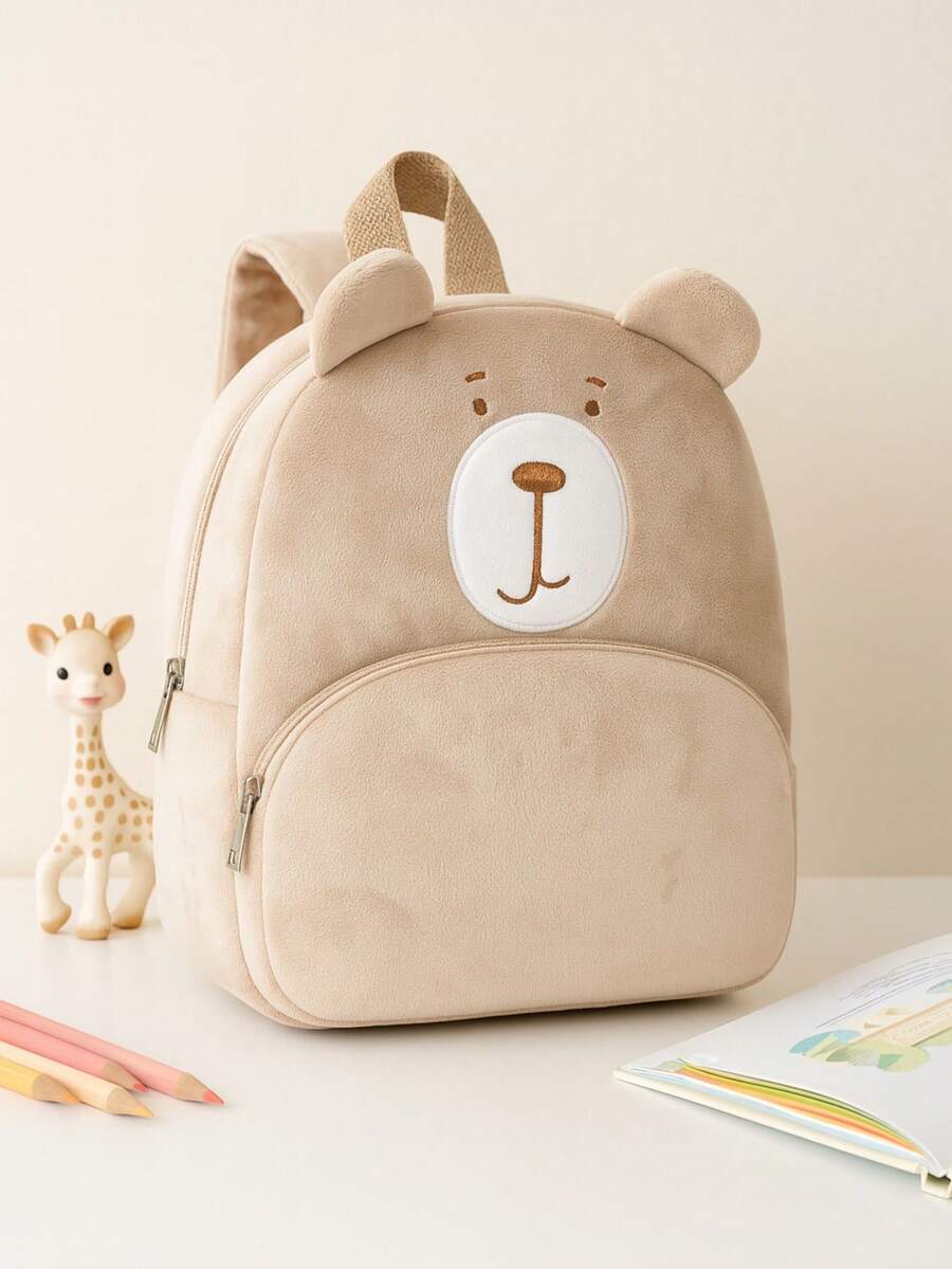 One Cute Plush Bear Backpack For Children, Soft And Fluffy Kindergarten Backpack With Ears And An Embroidered Face, Lightweight Toddler Travel Backpack.