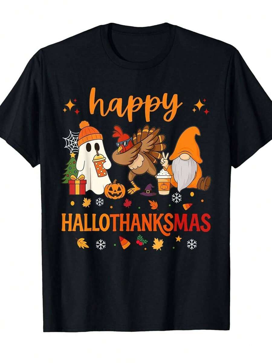 Camiseta "Feliz Hallothanksmas" para Hombre - Gráfico Divertido de Halloween, Acción de Gracias y Navidad con Pavo, Calabaza, Papá Noel y Gnomo - Camiseta Negra Casual de Cuello Redondo para Adultos, Ropa Cómoda para Fiestas Navideñas en Todas las Estaciones, Disfraz Familiar de Halloween, Disfraz Familiar de Halloween, Disfraz de Pareja de Halloween, Disfraz de Halloween para Hombre, Camiseta Gráfica para Hombre, Camiseta Divertida para Hombre, Camiseta Gráfica para Hombre, Camiseta Gráfica p