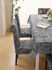 1 Set High Elastic Dining Chair Cover & Waterproof Tablecloth, Abstract Floral Pattern In Dark Grey - Multicolor - View 5