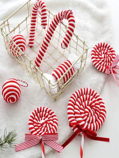 1pc Christmas Decoration, Plush Christmas Ball Candy Cane Ornament, Christmas Tree Decor Hanging Pendant, Holiday Decoration Hanging Accessory