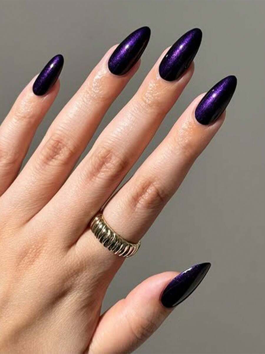 24片Y2K风格亮面紫色水晶猫眼杏仁形亚克力美甲贴纸，完美贴合，紫色猫眼搭配棕色指甲，让您的指尖闪耀动人，适合女性日常工作和派对场合的美甲用品。 - 紫色 - 查看 1