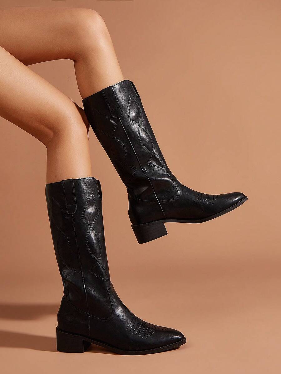 秋冬新款时尚休闲靴，女士尖头性感粗跟过膝长靴 - 黑色 - 查看 1