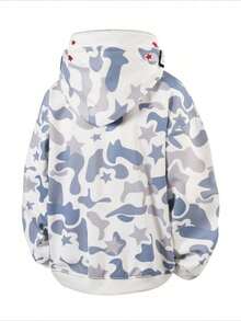 Gridborn Unisex Hoodie Double Hood Design Camouflage Print Terry Embroidery Loose BF Style Zip Front - 白色 - 查看 2