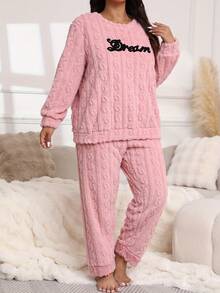 2025 Women's Plus Size Winter Fleece Crew Neck Letter Pattern Long-Sleeved Top And Pants Loose Casual Home Wear Simple And Versatile Fluffy Two Pieces Set - Pink - View 3