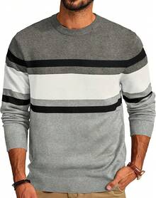 Suéter de cuello redondo de hombre con rayas y contraste de punto fino - Gris medio-blanco-negro - Ver 12