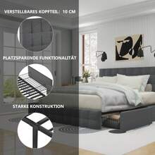 Double Bed With 4 Baskets And Central Spring Mattress, Double Bed With Lattenrost, Height Adjustable Headboard And Fitted Square Design, Metal Plate Support, Linen (140*200 Cm, Grey) - Grey - View 4