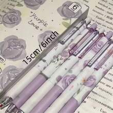 6 piezas Bolígrafo de tinta negra con botón a presión con rosa púrpura, de valor alto para estudiantes, práctica de exámenes, suave y fácil de escribir
