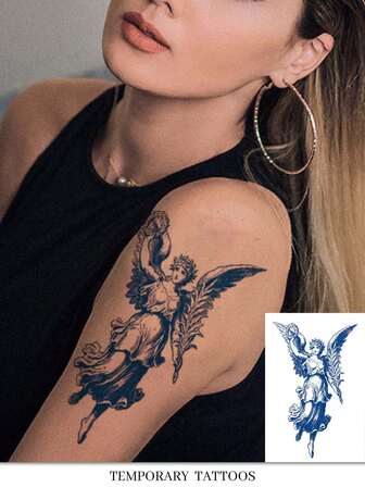 1pc Fashionable Peace Angel Design Temporary Tattoo Sticker, Lasts 1-2 Weeks, Waterproof And Easy To Use, Suitable For Arms, Waist, Feet Of Men And Women, Natural Matte Finish, Reusable Waterproof Fake Tattoo, Essential For Parties, Gifts, Travel, Music Festivals, Daily Use