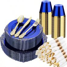 350PCS Gold Plastic Plates 50 Guests, Disposable Dinnerware Sets Include Gold Rim Plastic Plates, 50 Silverwares, 50 Cups, And 50 Pre Rolled Napkins Party, Wedding, Graduation - Clear Blue + 50 Guests Set - View 1