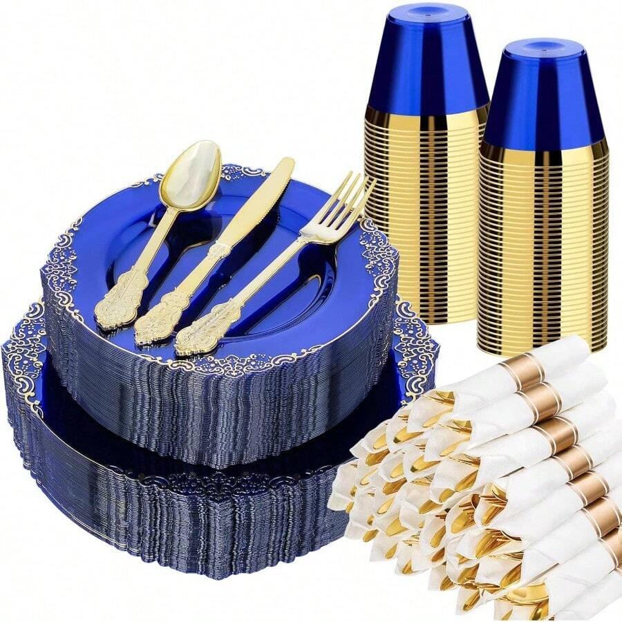 350PCS Gold Plastic Plates 50 Guests, Disposable Dinnerware Sets Include Gold Rim Plastic Plates, 50 Silverwares, 50 Cups, And 50 Pre Rolled Napkins Party, Wedding, Graduation - Clear Blue + 50 Guests Set - View 1