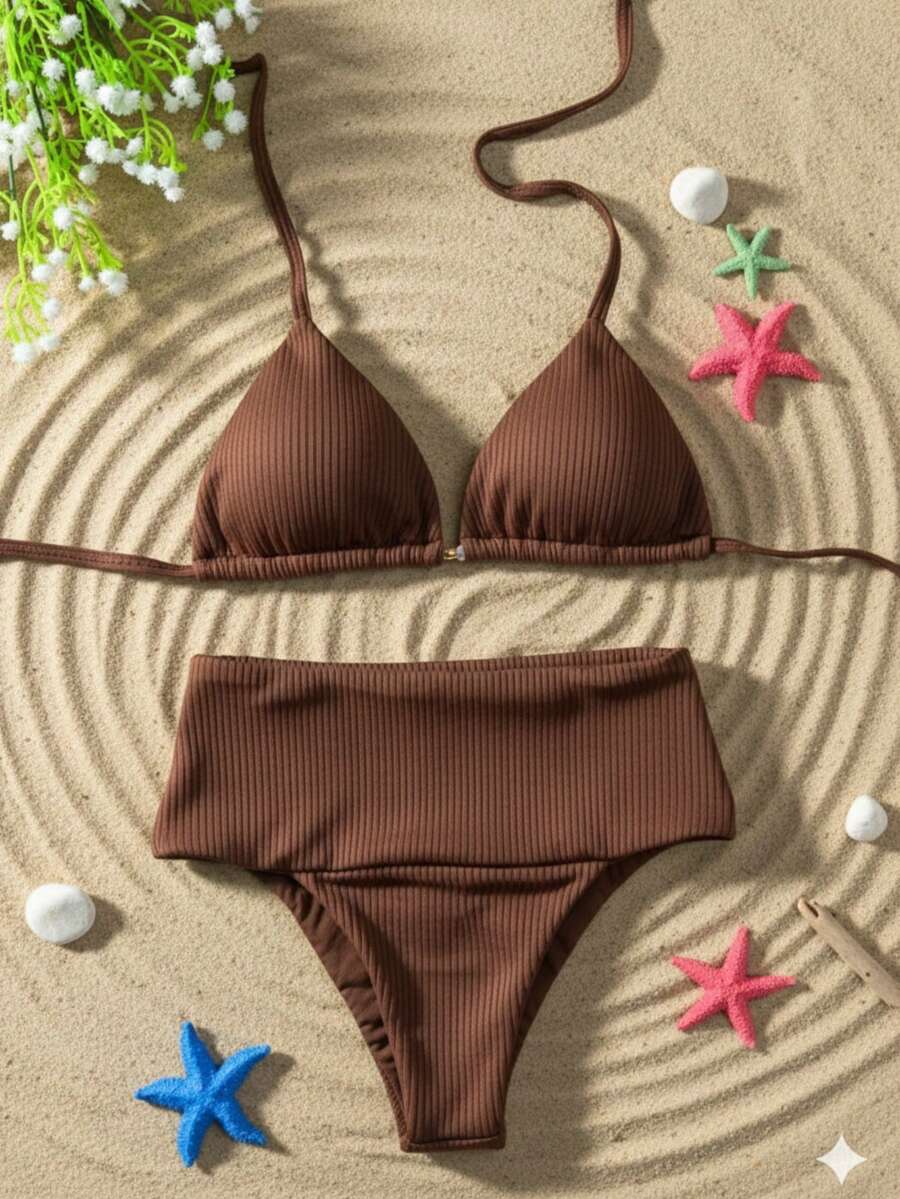 Women's Hot Pants Bikini With High Waist, Double String, And Removable Padding - 鏽棕色 - 查看 1
