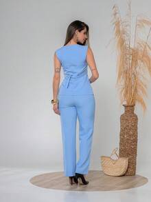 Elegant Plain Vest And Trousers Set C3302 - 淺藍色 - 查看 2