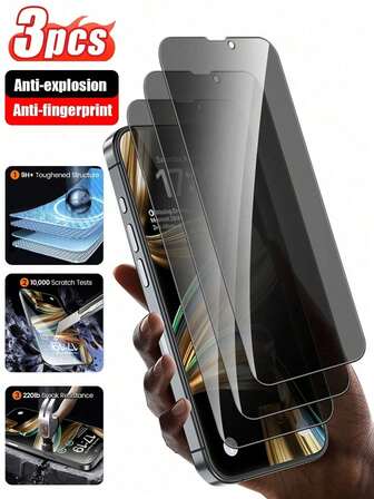 3 piezas Protector de pantalla de vidrio templado anti-espía, a prueba de agua, antihuellas, antirayones, pantalla HD clara, compatible con iPhone 17 Pro Max/17 Pro/17 Air/17/16e/16 Pro Max/16 Pro/16 Plus/16/15 Pro Max/15 Pro/15 Plus/15/14/13/12 y talla grande, fácil instalación con adhesivo avanzado