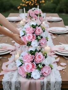 2 Packs Artificial Flower Ball Arrangement Bouquet, 15 Heads Plastic Roses With Base, Suitable For Wedding Centerpiece Flower Rack For Parties Valentine's Day Home Decor - 粉紅白色 - 查看 2